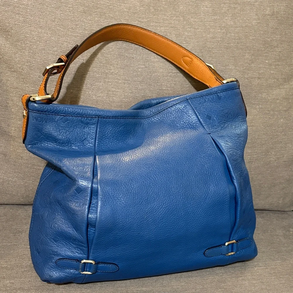 Authentic MCM Blue Leather Shoulder Hobo with Tan Strap